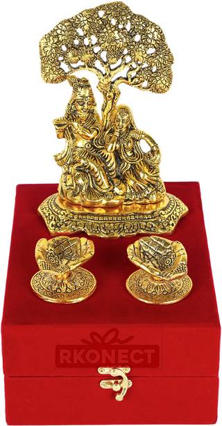 RKONECT Metal Golden Radha Krishna Idol Murti With 2 Piece Hand Shape Diya Under Box Decorative Showpiece  -  19 cm