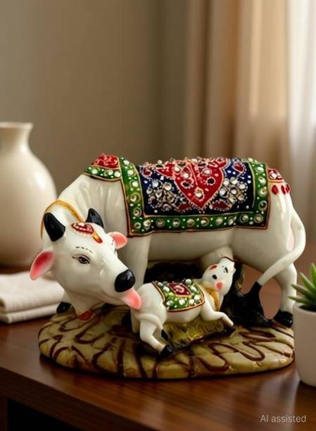 AfriHandicraft Decorative Cow and Calf Big Statue, Marble dust, Poly-Resin,Spiritual Vastu Nandi Pooja Figurine Sculpture, Kamdhenu Designer Stone Studded Gau MATA Animal Puja Idol Gift ans Home Decorative Showpiece - 12.5 cm
