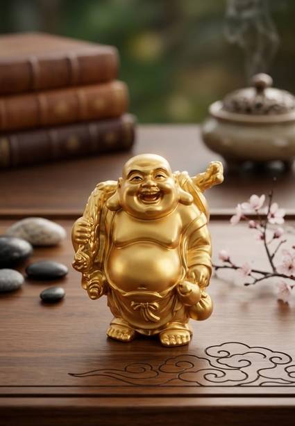 RB CREATION Golden Laughing Buddha Statue for Prosperity, Happiness and Home Decor Decorative Showpiece  -  12 cm
