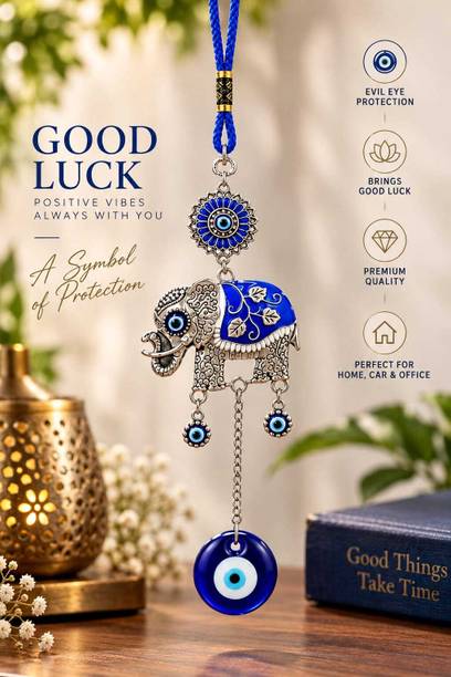 DAZZLEKIT Turkish Blue Evil Eye with Lucky Elephant Amulet Home Office Hanging Ornament Decorative Showpiece  -  16 cm