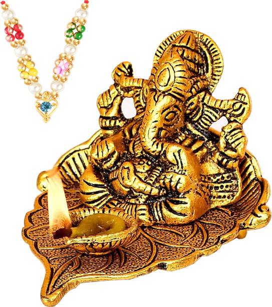 NOKTUS Metal Ganesh Statue / Ganesha on Leaf / Ganesh with Diya / Designer Mala Decorative Showpiece  -  8 cm