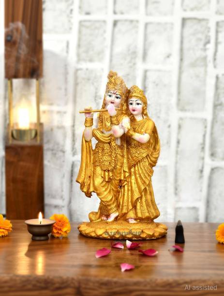 Ascension Radha Krishna ji Jugal Jodi Murti Poly Resin, Marble Crush for Home Mandir Temple Showpiece Idol Statue Gifts Home Decor Temple Pooja Golden Decorative Showpiece  -  19 cm