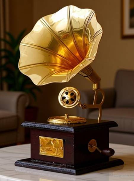 kauthuk Vintage Brass Crafted Gramophone miniature with Wooden Base Decorative Showpiece  -  20 cm