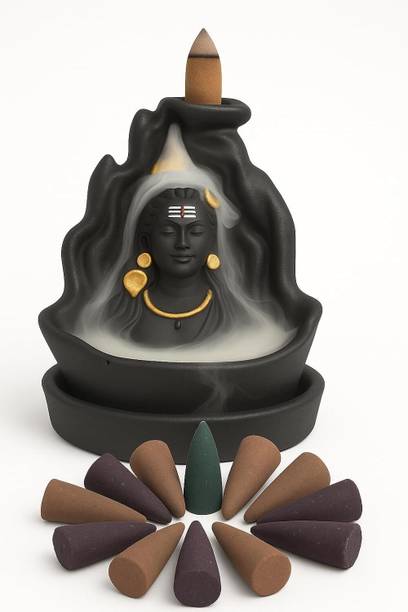 POPSEE Adiyogi Shiva Smoke Fountain Backflow Incense Holder with 10 Cones for Home Decorative Showpiece  -  10 cm