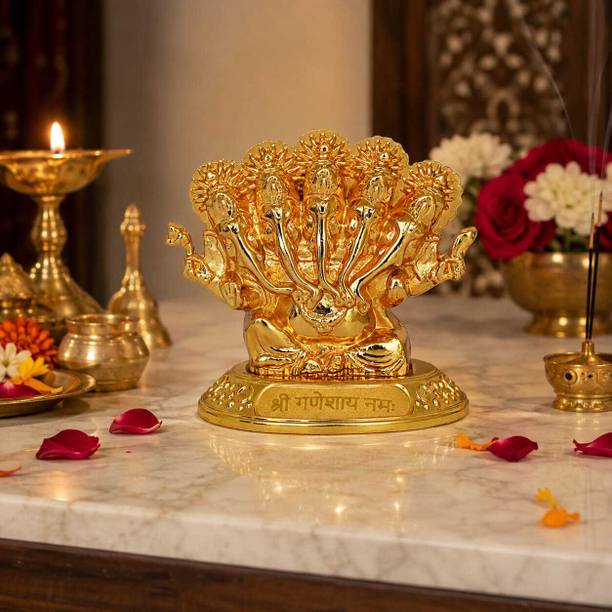 dalyshine Premium Gold Plated Panchmukhi Ganesh Idol for Home Temple Car Decor Decorative Showpiece  -  6.5 cm