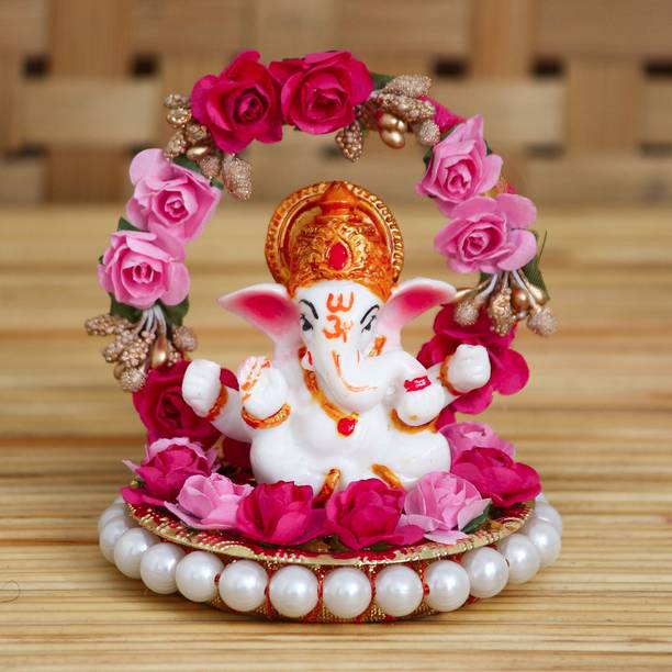 eCraftIndia Lord Ganesha Idol on Decorative Handcrafted Plate with Throne Decorative Showpiece  -  9.5 cm