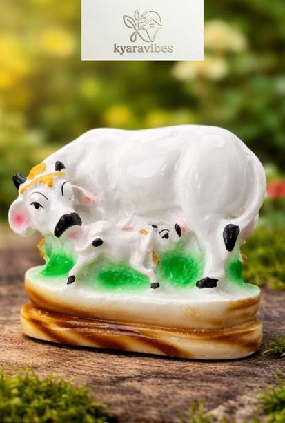 KYARAVIBES Kamdhenu Cow with Calf Idol | Decorative Polyresin Showpiece for Home10 Decorative Showpiece  -  7 cm