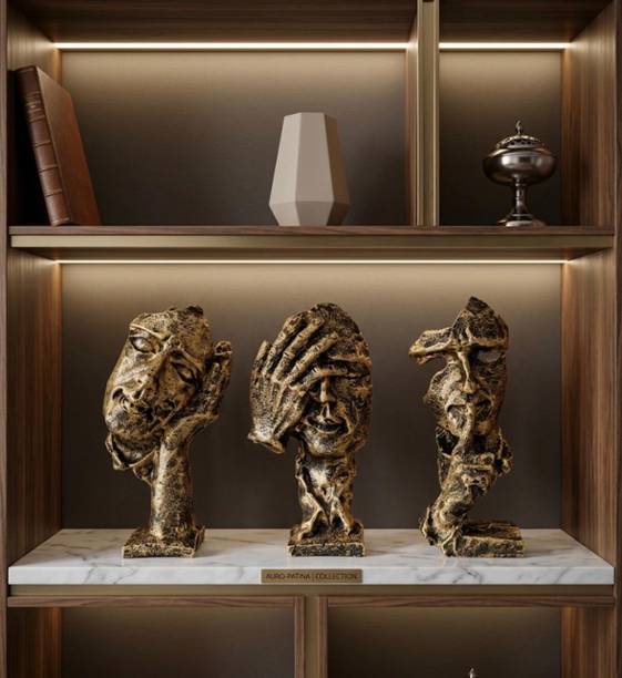 TheDiora ​Antique Gold Thinker Human Face Statue, Set of 3 Showpieces for Home Decor Decorative Showpiece  -  18 cm