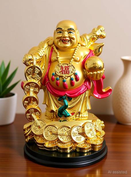 Ripe India Laughing Buddha with Back Potli & Money Coin for Health, Wealth and Happiness Decorative Showpiece Decorative Showpiece - 18 cm