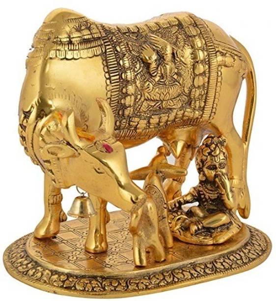 Sandeep Crafts cow and calf Kamdhenu cow 15x16 x10 cm Decorative Showpiece - 13 cm (Metal, Gold, Multicolor) Decorative Showpiece  -  18 cm