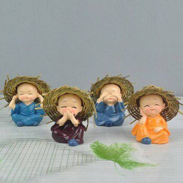 eCraftIndia Set of 4 Monks With Hat Polyresin Decorative Showpiece for Home and Car डेकोरेटिव शोपीस  -  6 cm