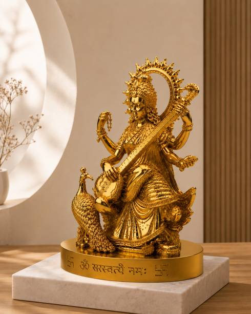 KARUNAMAYI VENTURES Golden Maa Saraswati Idol Statue for Home Temple Decorative Showpiece  -  10 cm