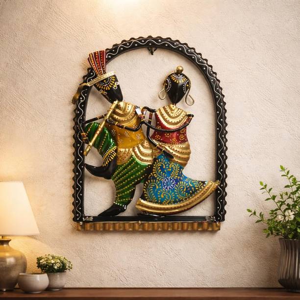 CraftVatika Metal Wall Decor Handpainted Dancing Radha Krishna Wall Hanging 10 Inch Gift डेकोरेटिव शोपीस  -  26 cm