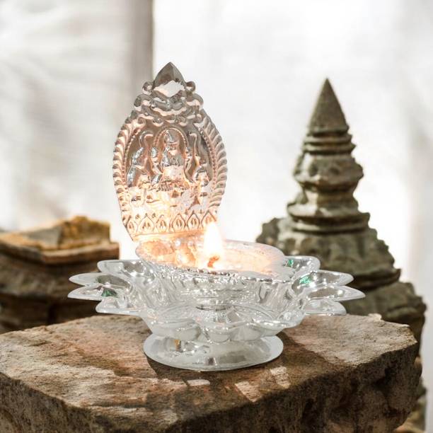 Jin Parshav Kamakshi Silver Plated Lakshmi With Lotus Diya For Temple & Living Room Decorative Showpiece  -  9 cm