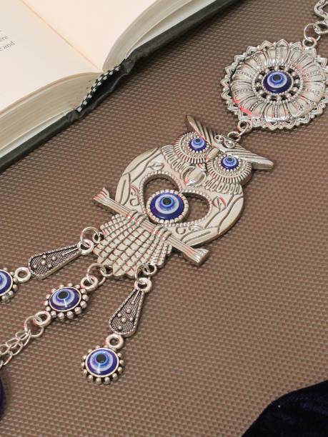 TIED RIBBONS Wall Hanging Owl Evil Eye For Good Luck Charm and Prosperity Decorative Showpiece  -  10 cm