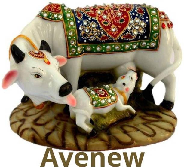 avenew Marble dust/Polyresin Cow Figurines|god idols | kamdhenu cow and calf Decorative Showpiece  -  9 cm