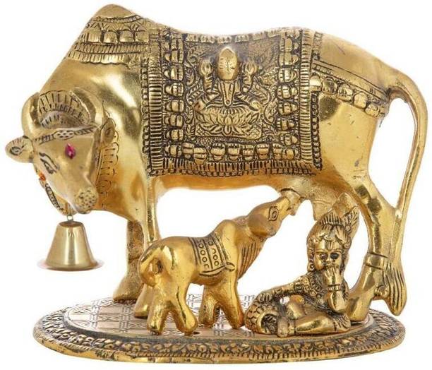 SMILES GIFT Gold Plated Kamdhenu Cow, Calf & Krishna Idol With Box" Bag | For Vastu Decorative Showpiece  -  22 cm