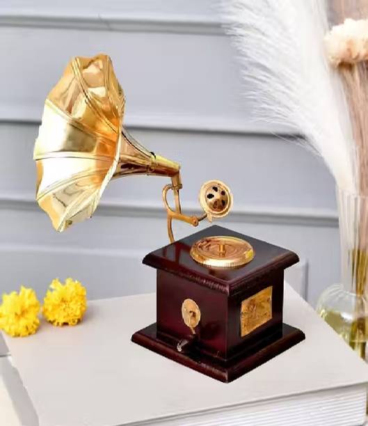 Fashion Bizz ANTIQUE SHOWPIECE BRASS AND WOODEN GRAMOPHONE Decorative Showpiece  -  23 cm