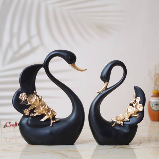 eCraftIndia Black and Golden Polyresin Lovely Swan Couple Statue Decorative Showpiece Decorative Showpiece  -  24 cm