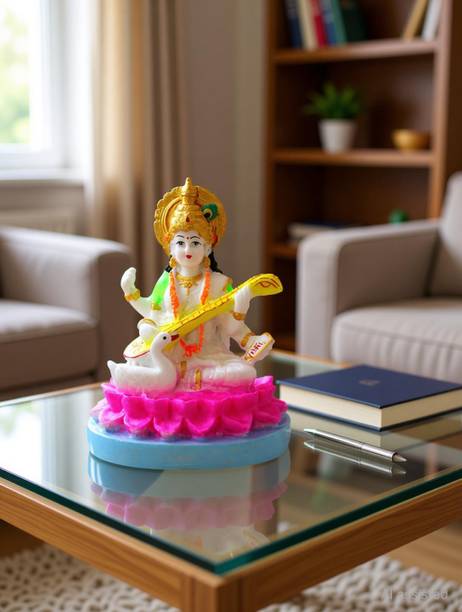 Idole Marble Dust Beautiful Maa Saraswati Murti Sculpture Hindu Goddess Saraswati Ji Decorative Showpiece  -  8 cm