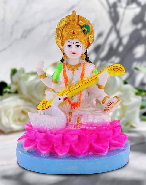 Idole Marble Dust Beautiful Maa Saraswati Murti Sculpture Hindu Goddess Saraswati Ji Decorative Showpiece  -  8 cm