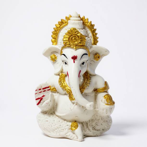 Littykart Elegant White & Golden Lord Ganesha Idol – Resin Statue Decorative Showpiece  -  9 cm