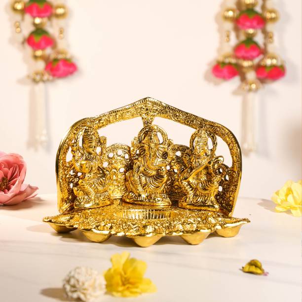 Art Street Lakshmi Ganesh Saraswati Metal Idols with 5 Diya Oil Lamp Base Traditional Decorative Showpiece  -  14 cm