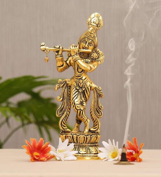 Shri Kaila Maa Art Gallery Lord Krishna Metal Statue,Krishna Murti Playing Flute for Temple Pooja Decorative Showpiece  -  22 cm