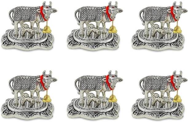 LABHCART Metal Cow Statue with Bell, 7.6 x 6.4 cm, Traditional Design,Pack of 6 Decorative Showpiece  -  7.6 cm