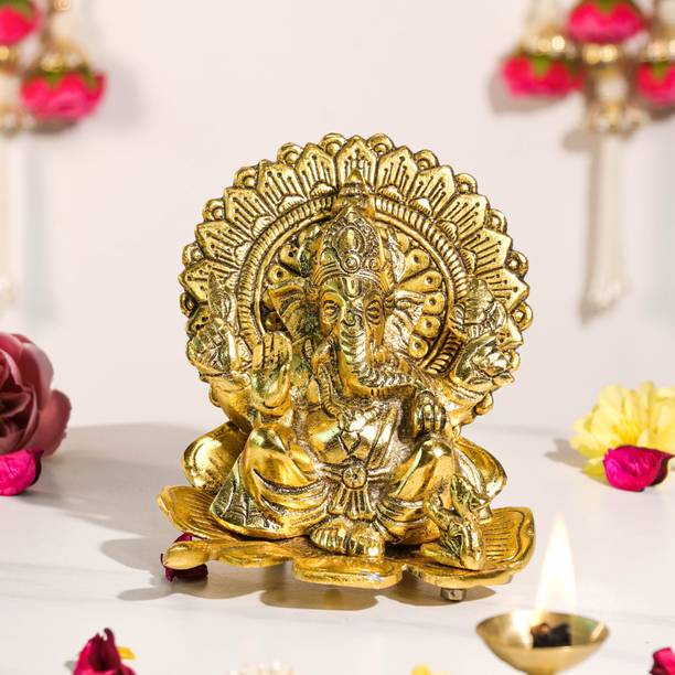 Art Street Metal Ganesha Sitting Idol on Lotus Traditional Ganesha Brass Finished Idol Decorative Showpiece  -  16 cm