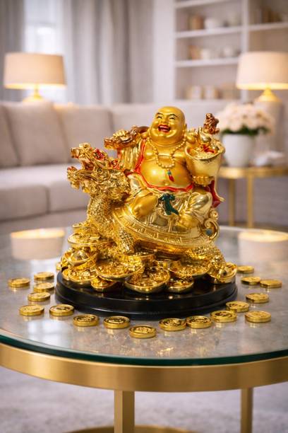 IDOLO Vastu/Feng Shui Laughing Buddha on Dragon- Feng Shui Items - Home Office Decorative Showpiece  -  14 cm
