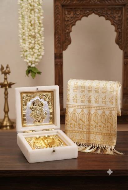 KRISHNAM TRENDS Radha Krishna Charan Paduka Gift Box with Sai Baba Dupatta.Murti & Silk Stole Decorative Showpiece - 5 cm