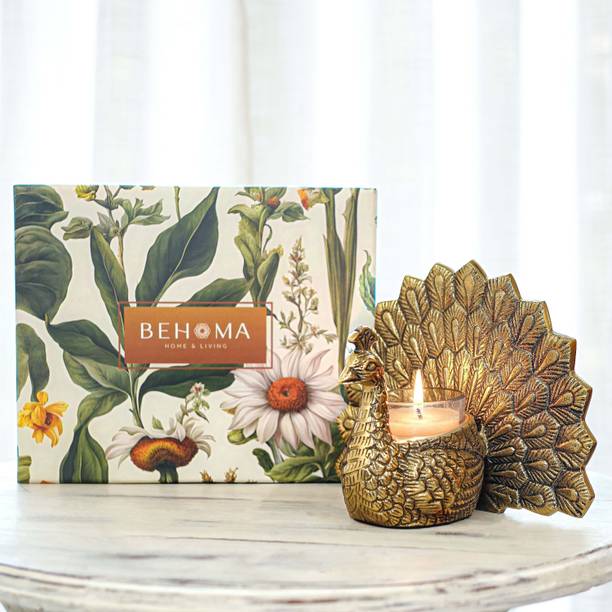 BEHOMA Metal Peacock Candle Holder & Candle Combo Gift Hamper, Festive Gift Set डेकोरेटिव शोपीस  -  15 cm