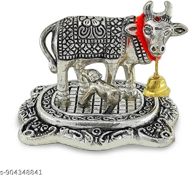 STARLIGHT Silver Kamdhenu Small Cow Calf Decorative Showpiece - 16.5 cm