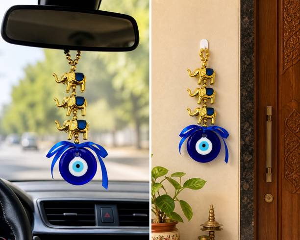 Krishnam Evil Eye Hanging with 3 Golden Elephants for Home, Office & Car Decorative Showpiece  -  15 cm