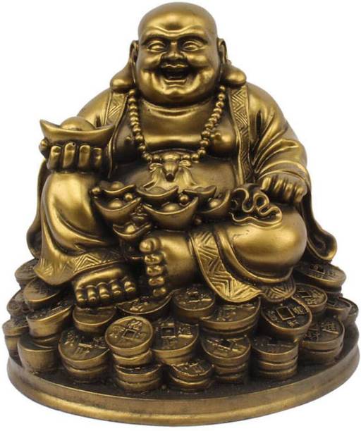 Mishtukocrafts Laughing Buddha Sitting on Luck Money Coins Carrying Golden Decorative Showpiece  -  13 cm