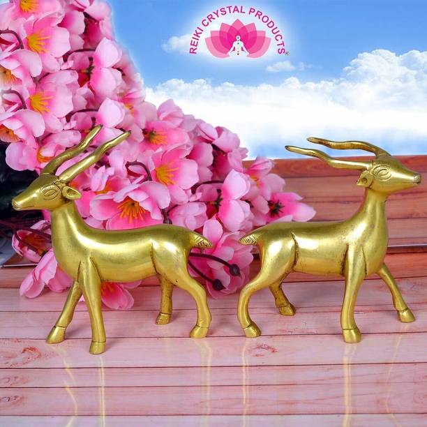 REIKI CRYSTAL PRODUCTS Brass Deer Pair Statue Vastu/Feng Shui Pair of Standing Deer for Gift Decorative Showpiece  -  9 cm