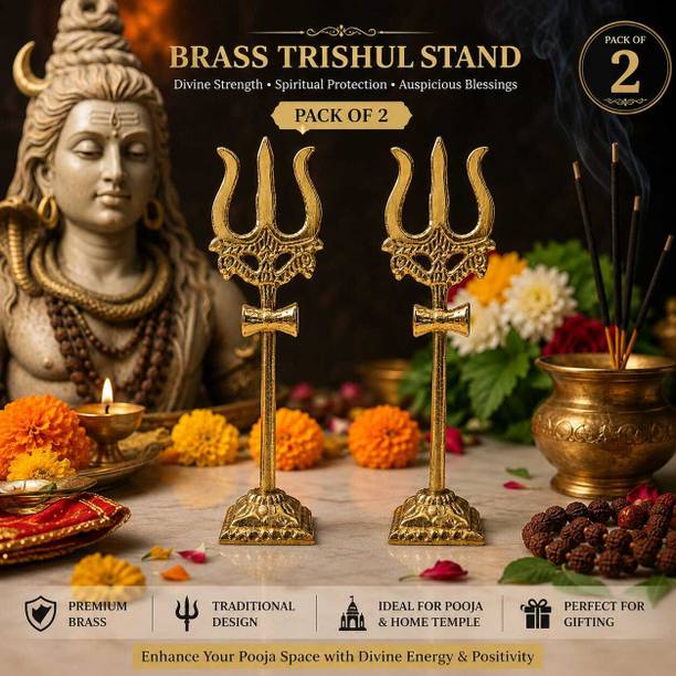 PS Livingcrafts Pure Brass Shiv's Trisul With Stand for Home, Temple, Car Dashboard and Gifting Decorative Showpiece  -  9 cm