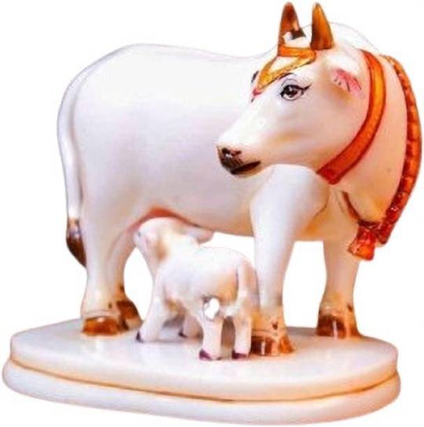 Patwari Arts Decorative Ceramic Cow and Calf Figurine, White, Traditional Indian Style. Decorative Showpiece  -  14 cm