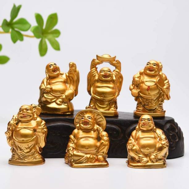 9tees Mart Vastu Fengshui 6 different Poses Set Golden Laughing Buddha Set For Wealth Decorative Showpiece  -  5 cm
