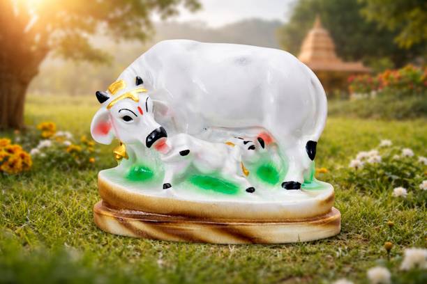 KYARAVIBES Kamdhenu Cow with Calf Idol | Decorative Polyresin Showpiece for Home Decorative Showpiece  -  7 cm