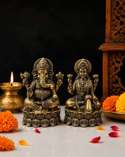 poojaarts Antique Brass Lakshmi Ganesha Idol Pair for Home Temple & Puja Room Decorative Showpiece  -  7.5 cm