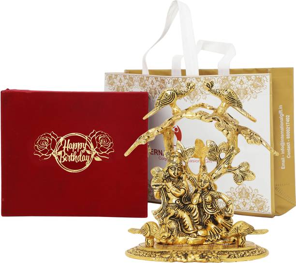 SMILES GIFT Gold Plated Radha Krishna Idol Tree | Birthday Tag With Box & Bag | For Pooja Decorative Showpiece  -  20 cm