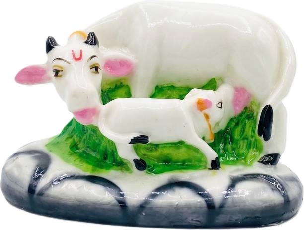 THE LK HERITAGE Premium Kamdhenu Cow & Calf Statue for Puja Mandir, & Gifting Decorative Showpiece  -  8.7 cm