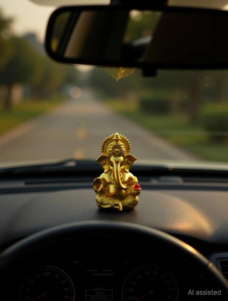 Vivaan Exim Golden Ganesh Ji Resin Idol for Car Dashboard – 3.5 Inch Decorative Showpiece  -  9 cm