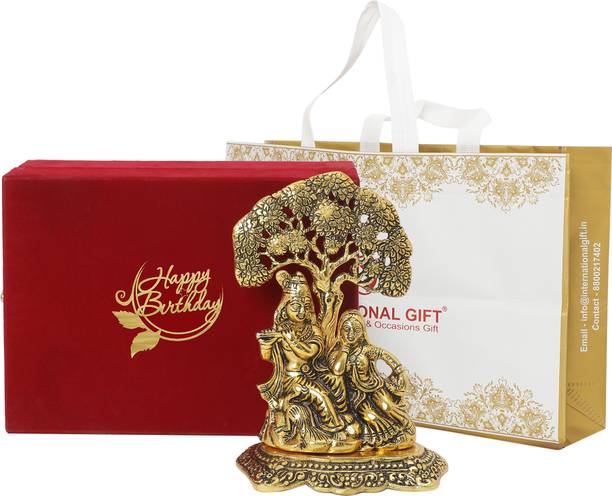 SMILES GIFT Gold Plated Radha Krishna Idol Classic | Birthday Tag With Box & Bag | For Pooja Decorative Showpiece  -  18 cm