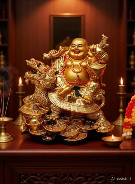 tskutty Polyresin Feng Shui Laughing Buddha with Dragon Tortoise on Bed of Wealth Decorative Showpiece - 10 cm