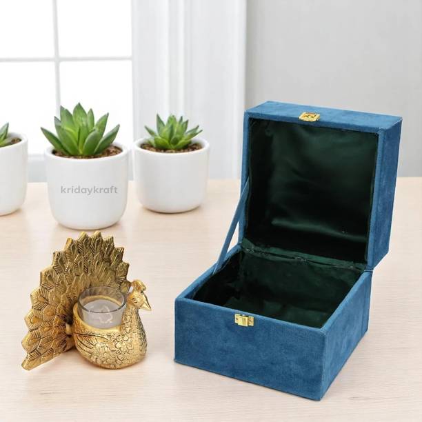 KridayKraft Peacock Candle Holder with Tealight Candle and with Beautiful Velvet Box Decorative Showpiece  -  14 cm