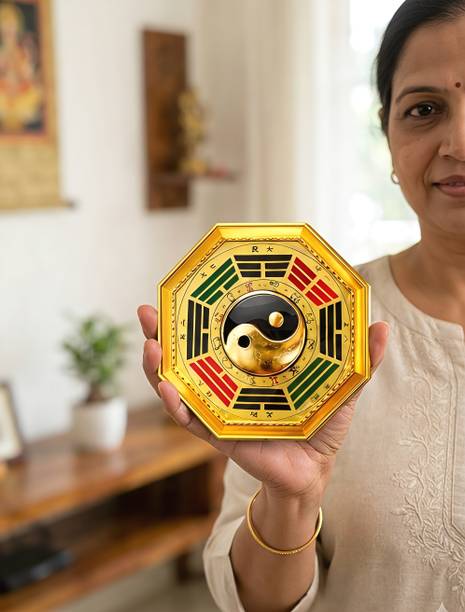 PPSELECTS Feng Shui Yin Yang Bagua for Protection & Prosperity | Wooden Bagua Mirror Decorative Showpiece  -  15 cm