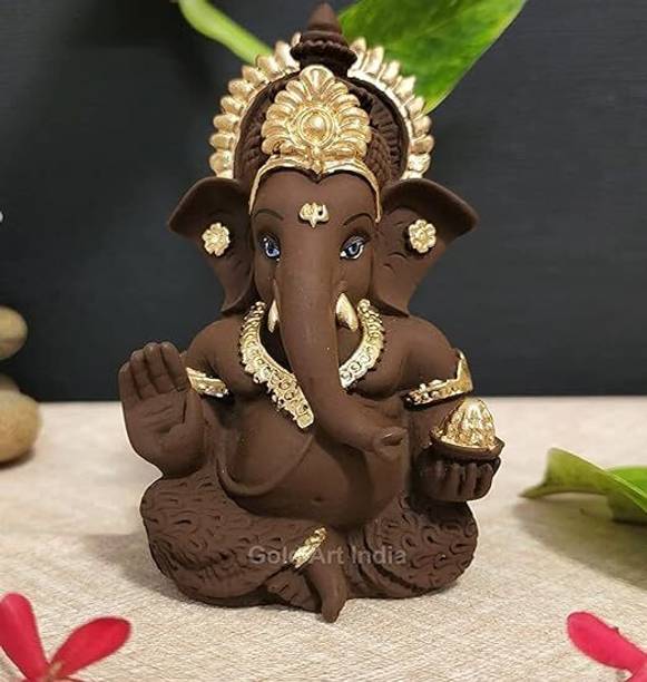 Mishtukocrafts Brown Ganesha Statue/idol /murti for home/office/room/gift Resin Decorative Showpiece  -  8.75 cm
